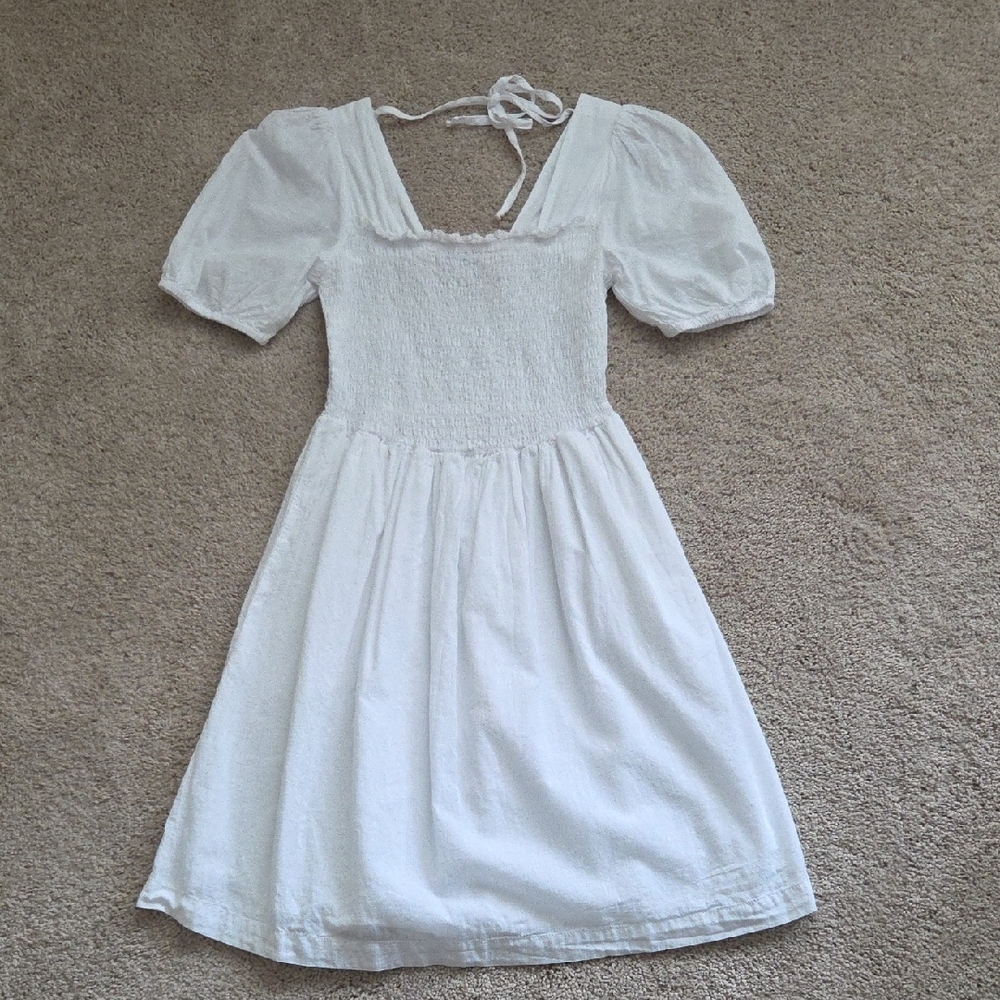 Michael Stars White Smocked Puff-Sleeve Midi Dress with Tie Back